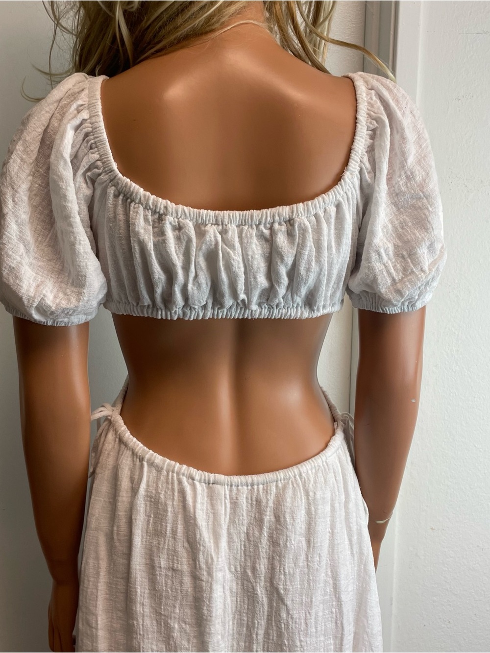 Olivaceous White Cutout Gauze Cotton Maxi Dress with Puff Sleeves S - Picture 4 of 10